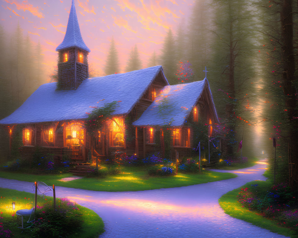 Snow-covered forest cottage with glowing windows at sunset
