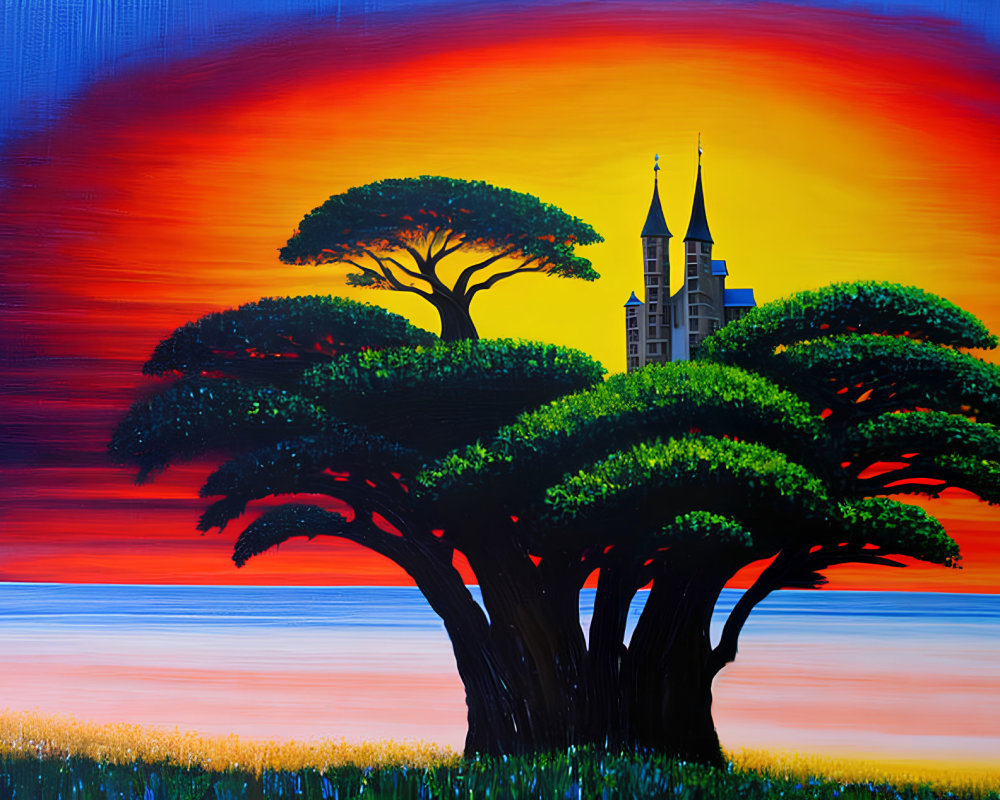 Colorful Sunset Sky with Tree Silhouettes and Castle Painting