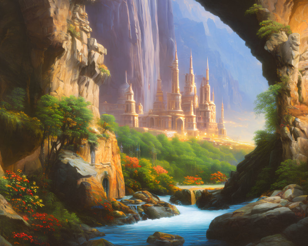 Fantasy landscape with grand castle, cliffs, waterfalls, river, cave entrance, greenery,