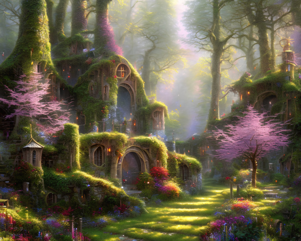 Whimsical treehouses in enchanted forest with pink blossoming trees