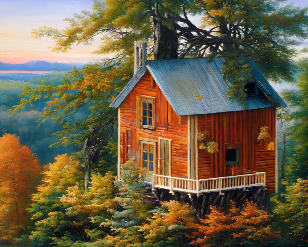 Cozy wooden cabin in autumn forest with mountain sunset