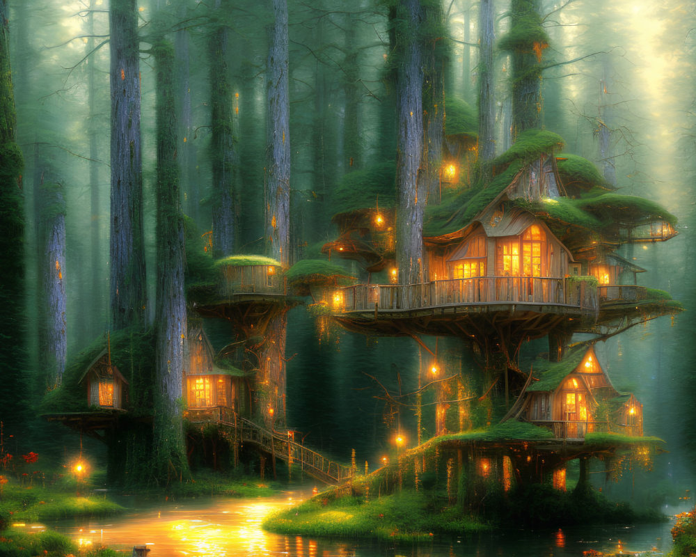Enchanted forest with tall trees, whimsical treehouses, serene river, and magical glow
