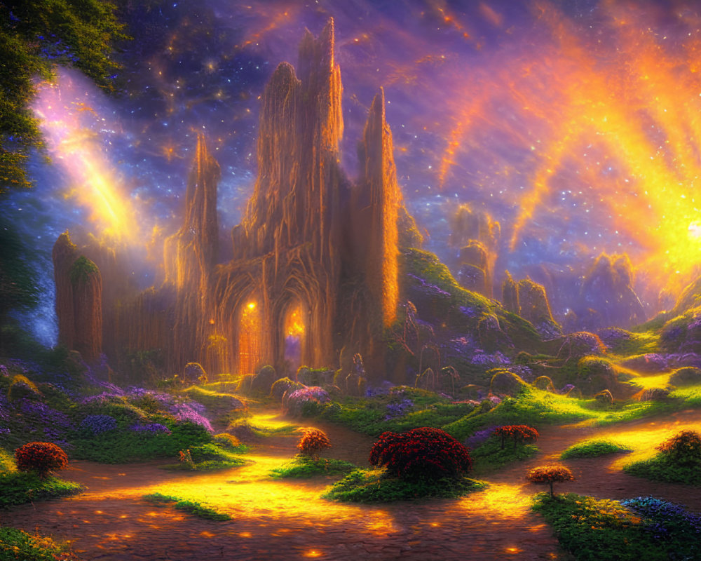 Fantastical landscape with luminous starry sky and enchanted castle path