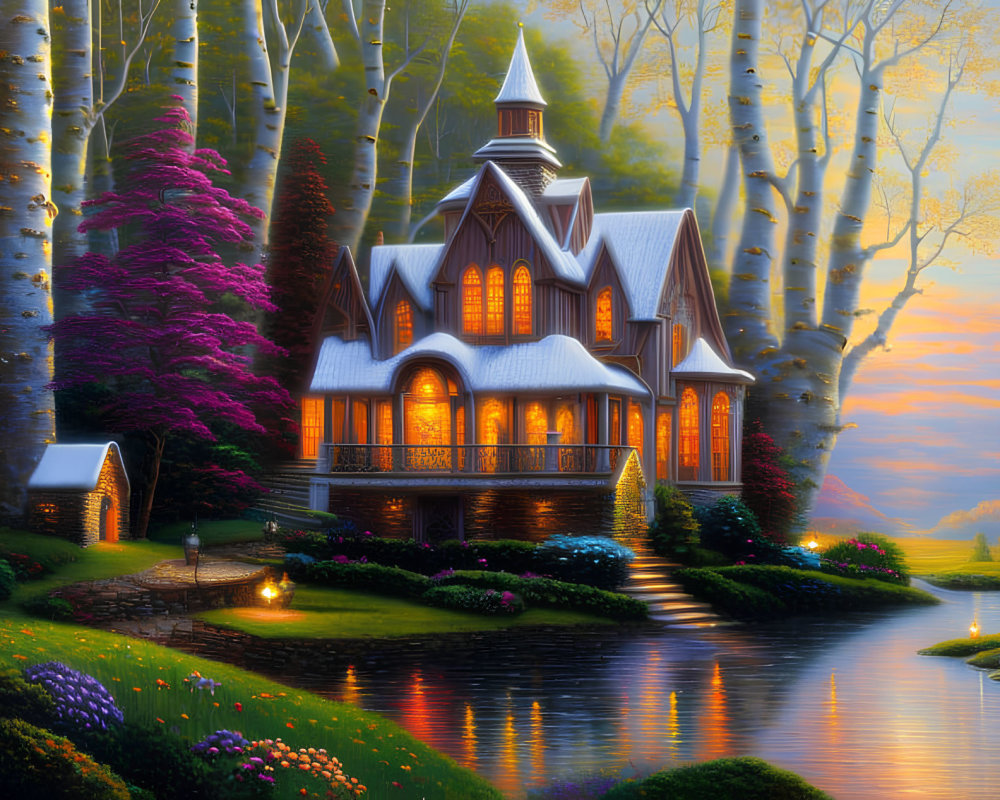 Enchanted cottage by serene lake at sunset