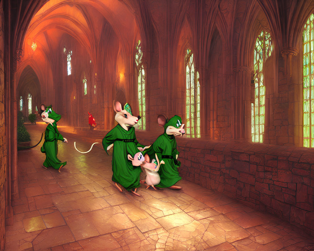 Three cartoon mice in cloaks in a gothic cathedral with stained-glass windows, one holding a