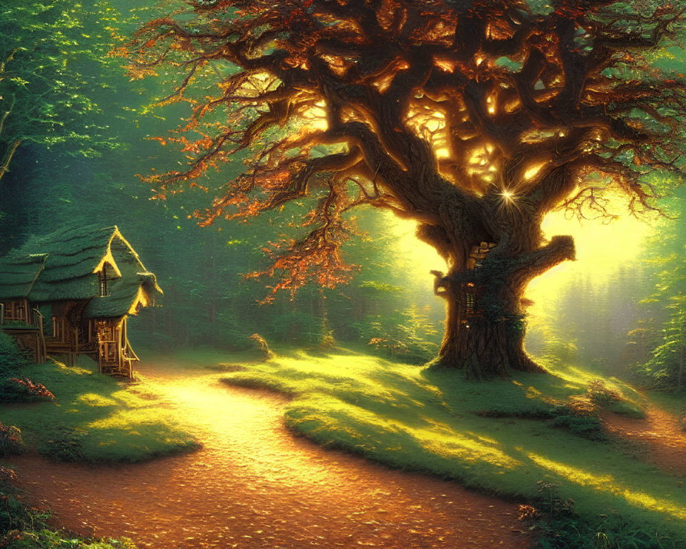 Enchanting forest scene with tree, cottage, path, and glowing light