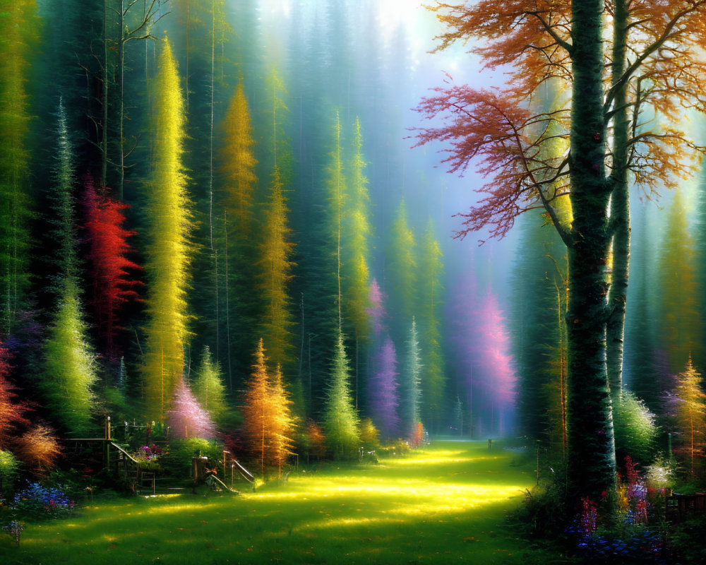 Colorful forest scene with tall trees, sunlight, mist, wooden fence, and grassy path