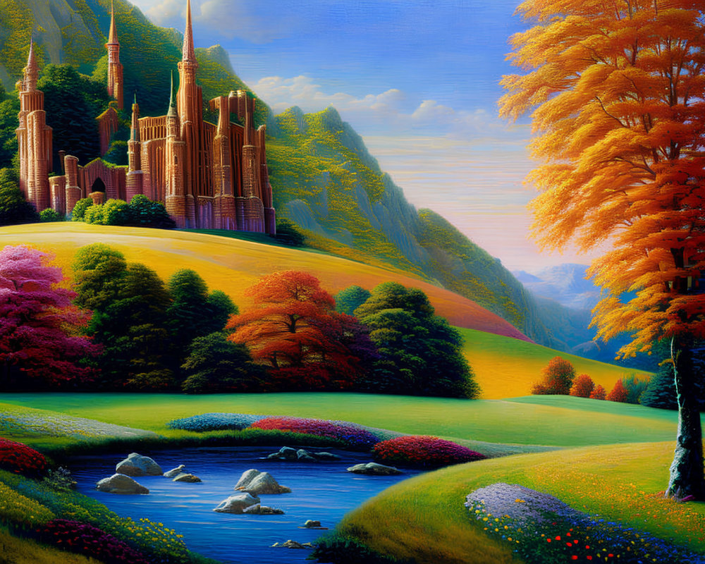 Majestic castle in vibrant fantasy landscape