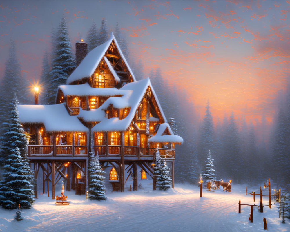 Snowy Cabin in Twilight Sky with Pine Trees