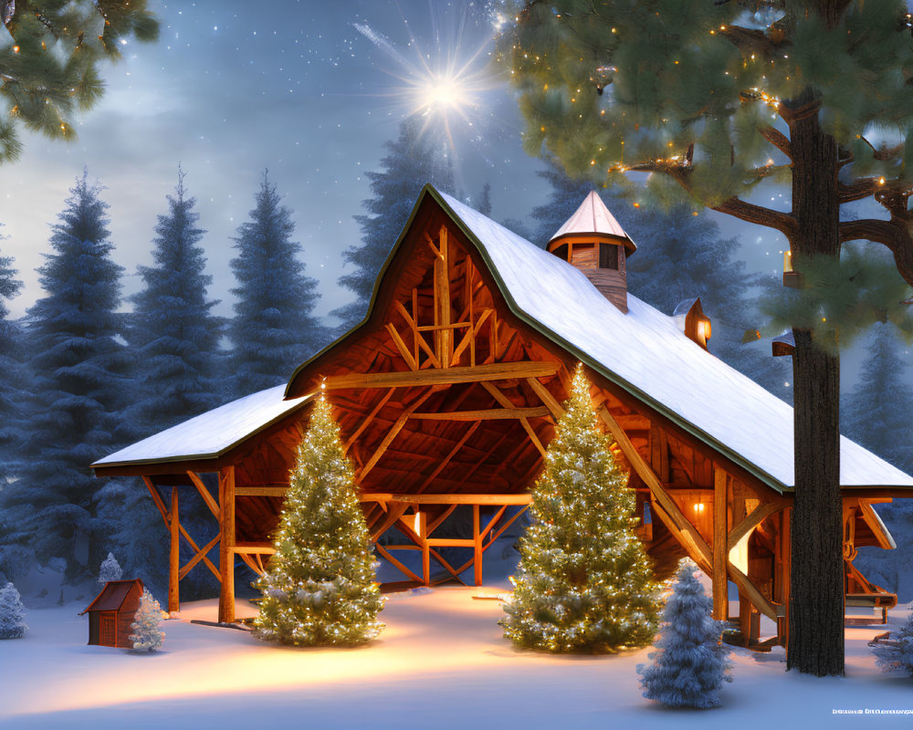 Snow-covered wooden pavilion in pine tree forest with Christmas lights under starry winter sky