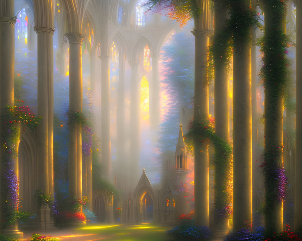 Fantasy cathedral with towering pillars and stained glass windows