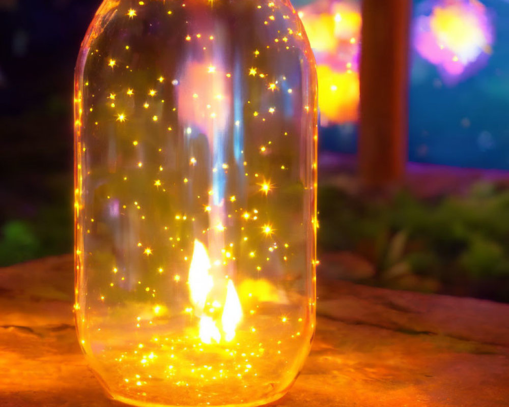 Glowing fairy lights in jar on wooden surface with festive background