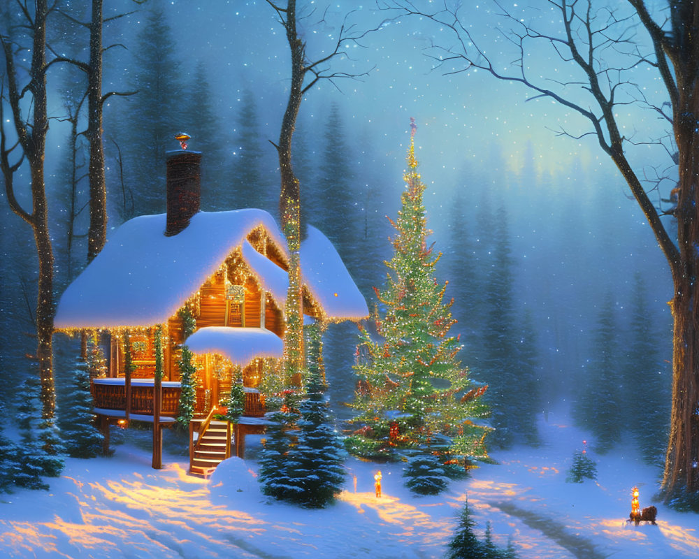 Snow-covered cabin with fireplace and Christmas tree in snowy forest