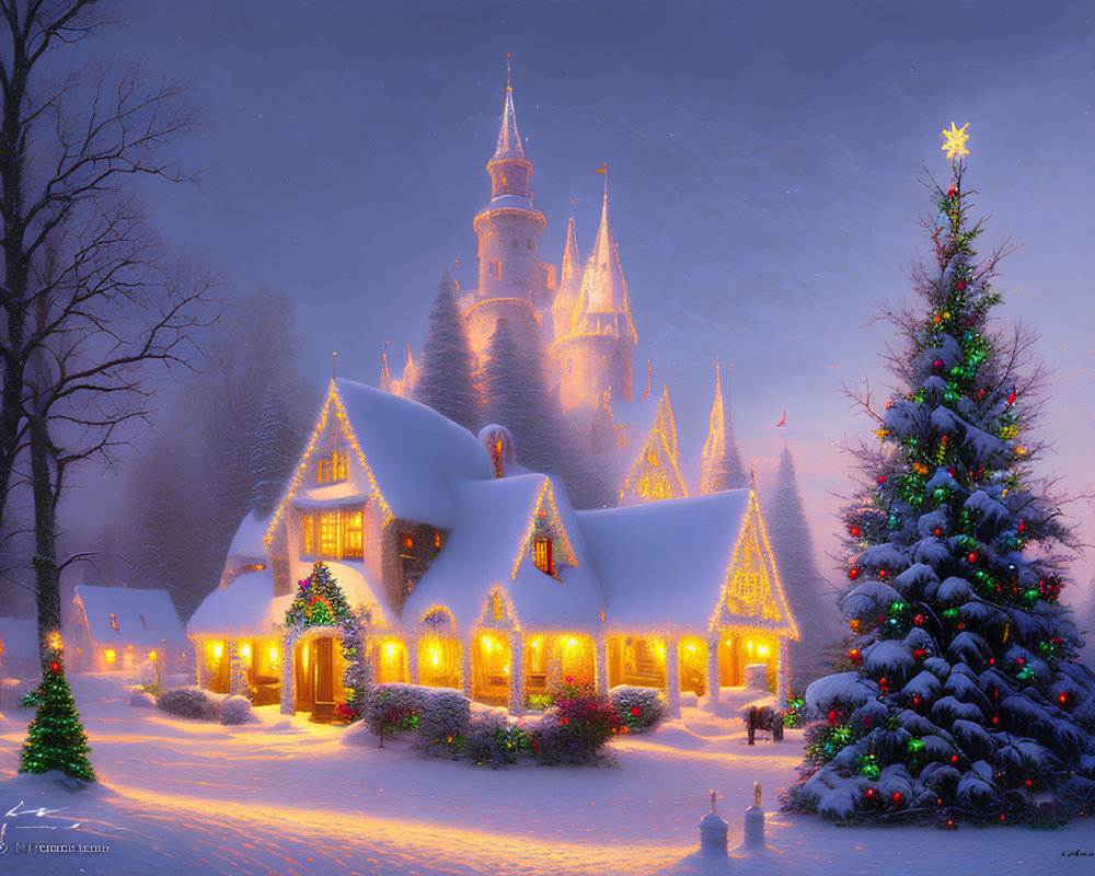 Snow-covered fairytale castle and cozy house with Christmas lights beside decorated tree under twilight sky