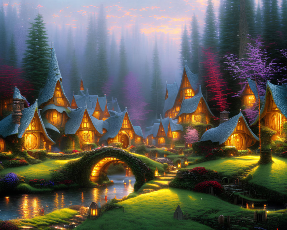 Picturesque fairy-tale village with illuminated houses, blooming flowers, river, and mystical forest at