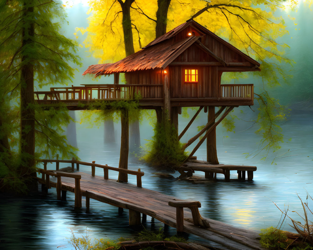 Wooden hut on stilts surrounded by water at dusk or dawn in misty surroundings
