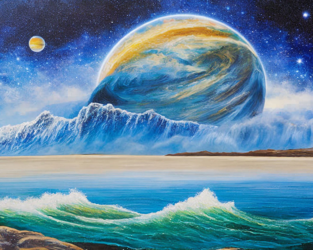 Vividly-colored planet rising above ocean waves on shore