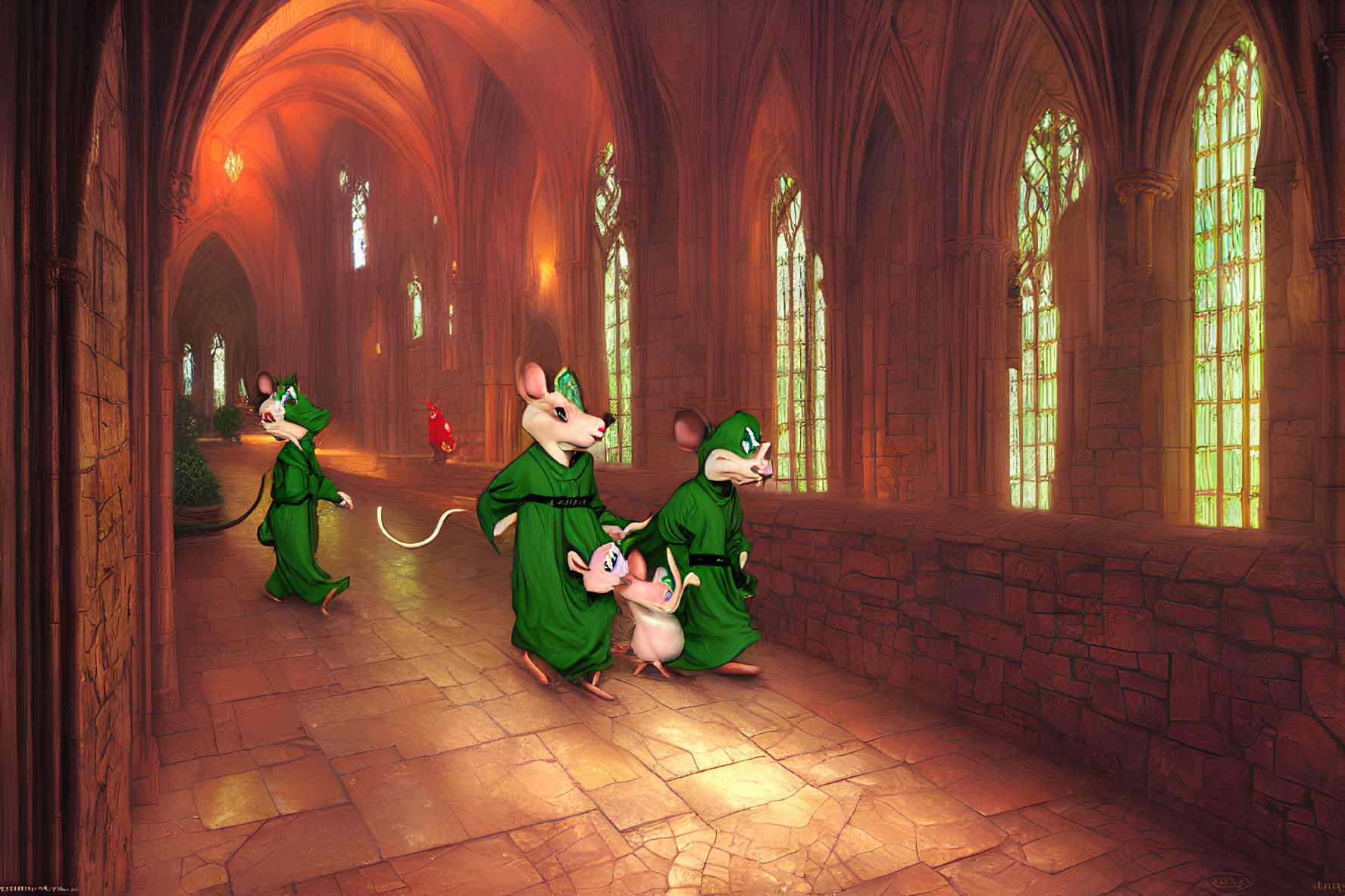 Three cartoon mice in cloaks in a gothic cathedral with stained-glass windows, one holding a