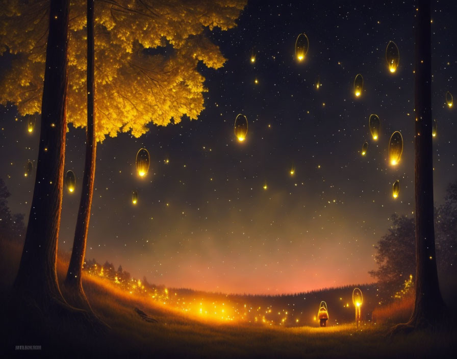 Nighttime landscape with glowing lanterns, golden light, and starry sky