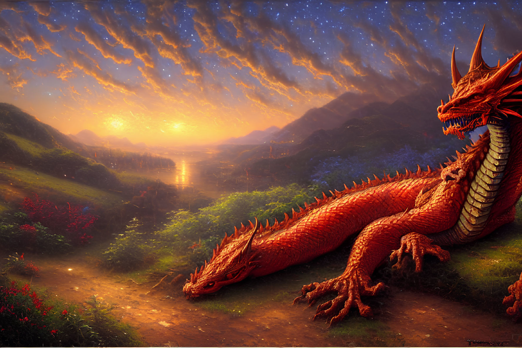 Majestic red dragon on mountain path at sunrise overlooking valley