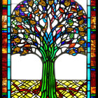 Colorful Tree Stained Glass Window on Blue Background