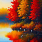 Tranquil autumn landscape with red and orange foliage reflected on a lake