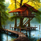 Wooden hut on stilts surrounded by water at dusk or dawn in misty surroundings