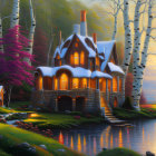 Enchanted cottage by serene lake at sunset
