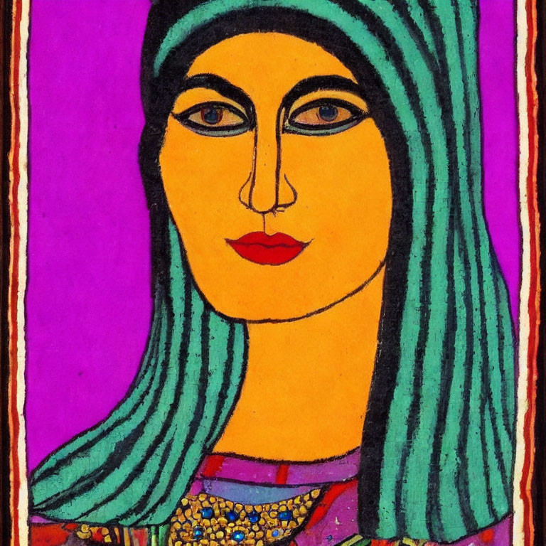 Colorful portrait of stylized woman in blue headscarf and yellow necklace on purple background.