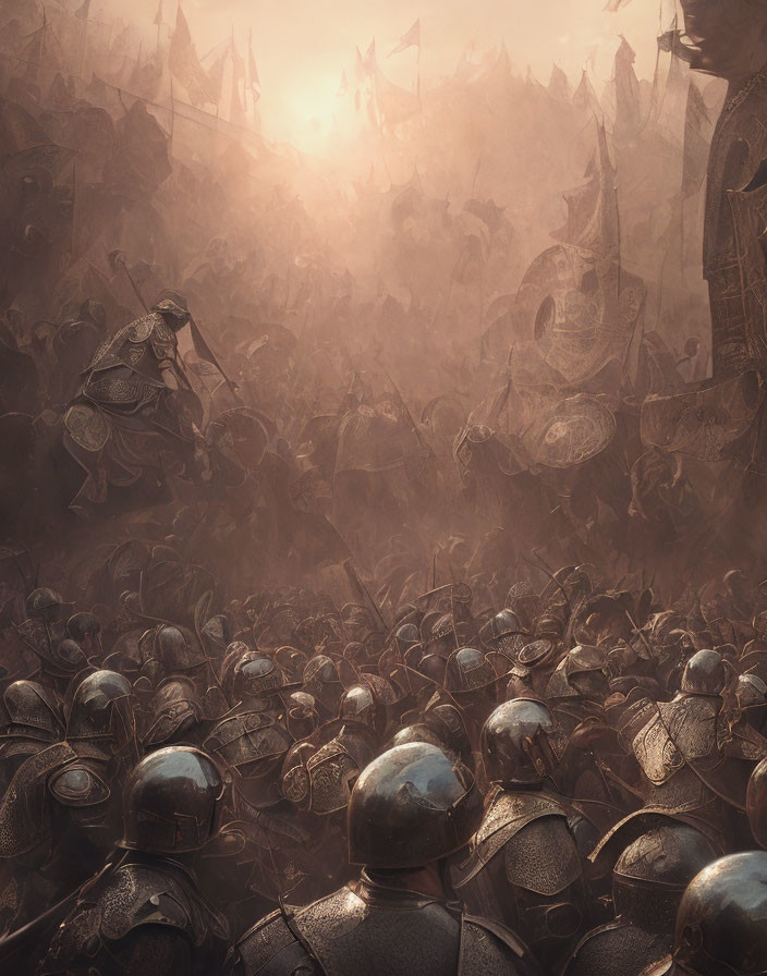 Medieval army in armor readies for battle under hazy sun