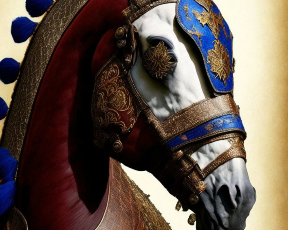 Profile view of a horse in ornate blue and gold ceremonial armor