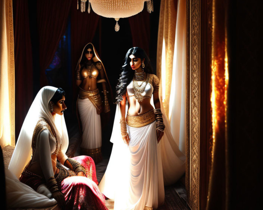 Traditional Clothing Women in Richly Adorned Room with Drapes