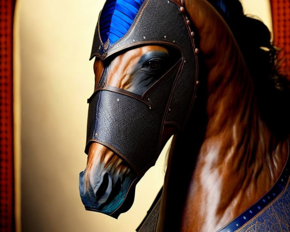Ornate leather bridle and blue feather decor on horse against red backdrop
