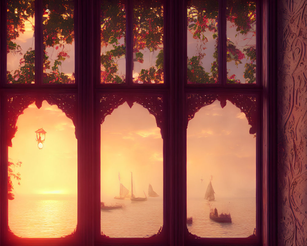 Tranquil sunset view through ornate red window frames with sailboats on calm waters