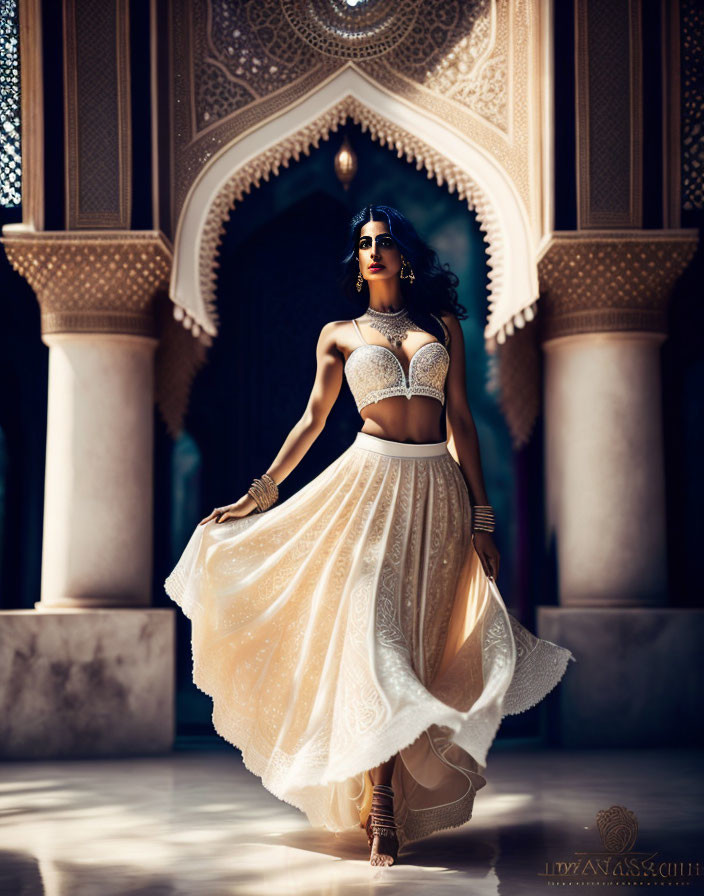 Traditional Off-White Lehenga with Embellishments in Sunlit Archway
