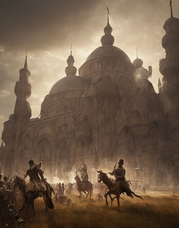 Horseback Riders Approaching Grand Domed Buildings in Dusty Scene
