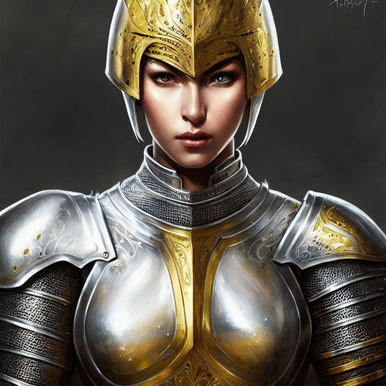 Digital art portrait of a woman in ornate medieval armor with intricate designs and metallic golden accents.