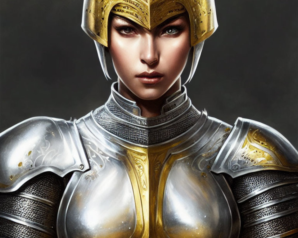 Digital art portrait of a woman in ornate medieval armor with intricate designs and metallic golden accents.