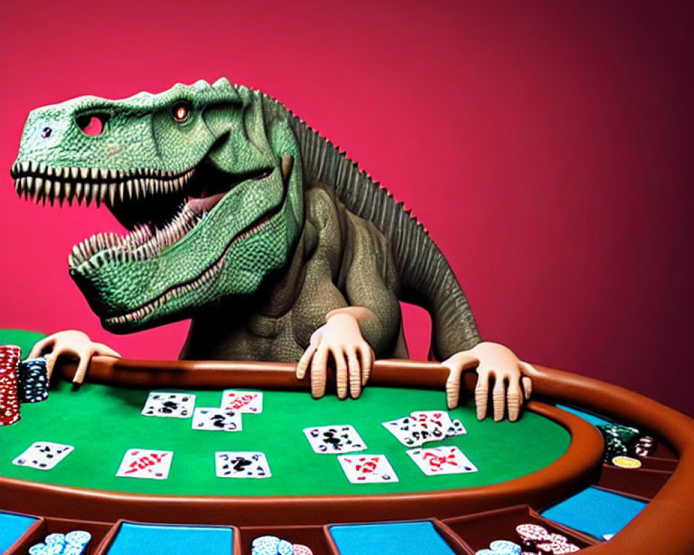 T-Rex Playing Poker at Casino Table with Chips on Red Background