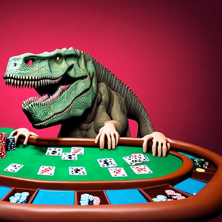T-Rex Playing Poker at Casino Table with Chips on Red Background