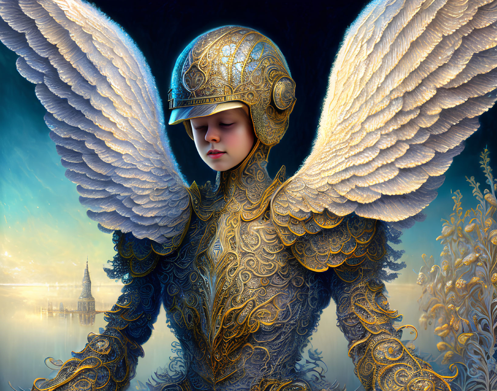 Golden-armored figure with intricate helmet and white wings against blue sky