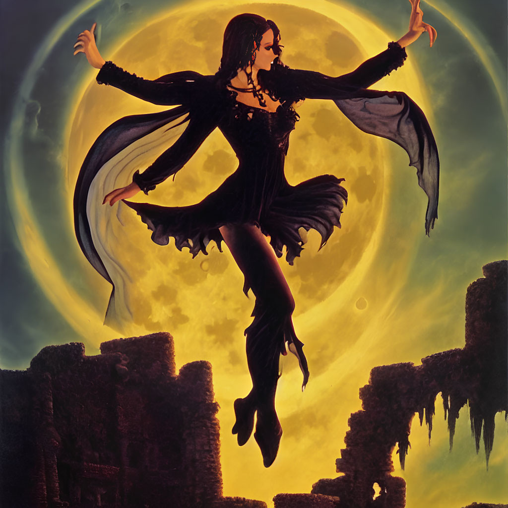 Fantasy illustration of woman dancing with yellow moon in magical ruins