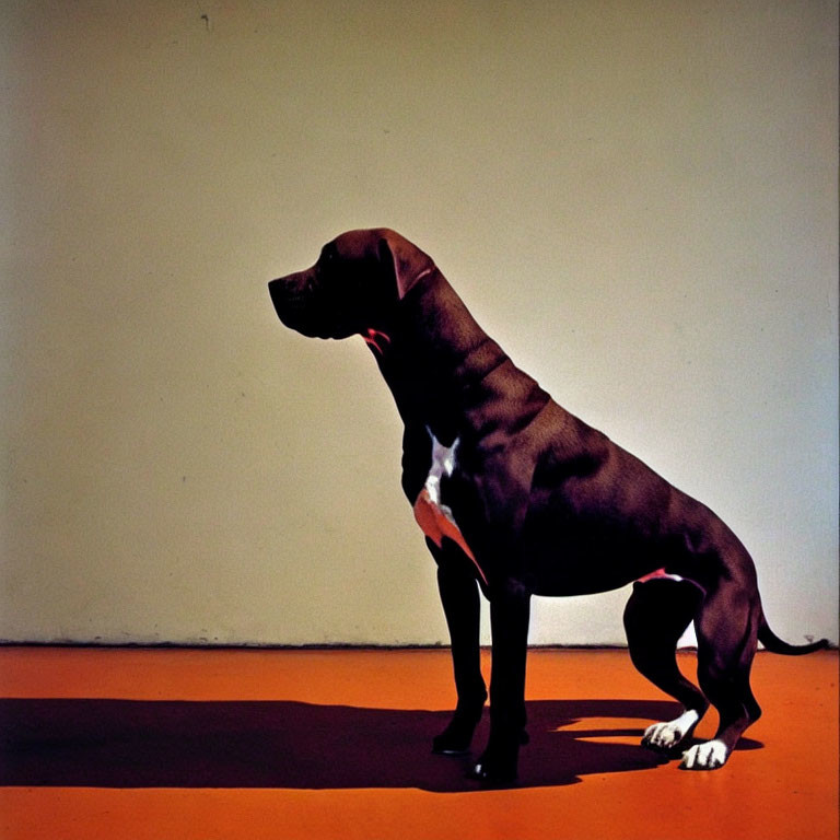 Brown Dog with White Paws Against Orange Background with Sharp Shadow