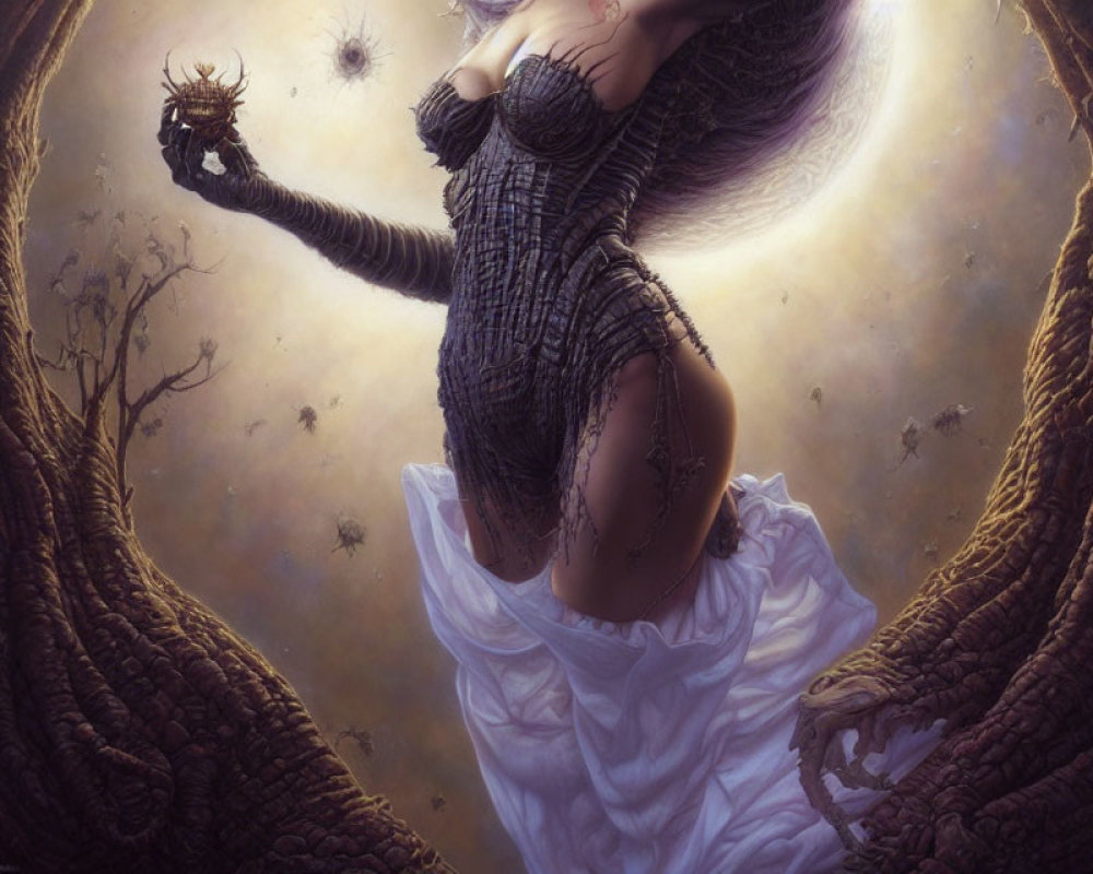 Surreal artwork of female figure in white dress with dark crown, tendrils, and eclipse.