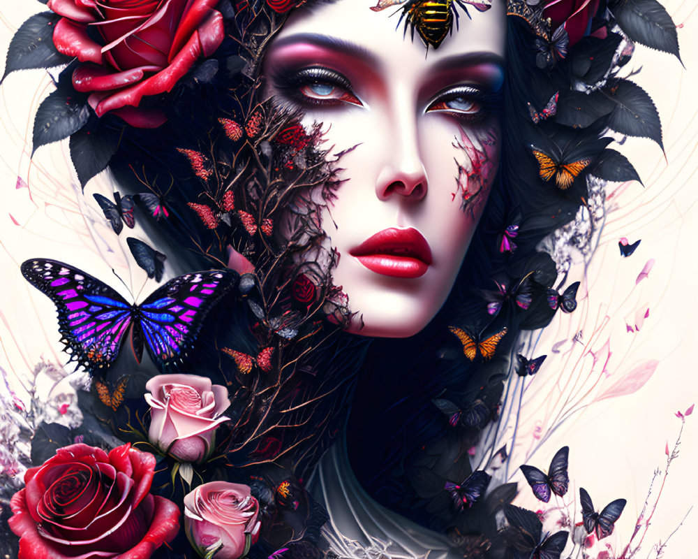 Fantastical portrait of woman with dark makeup and floral elements