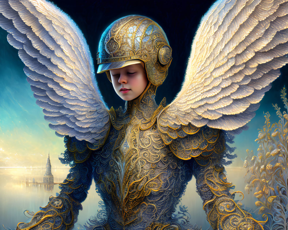 Golden-armored figure with intricate helmet and white wings against blue sky