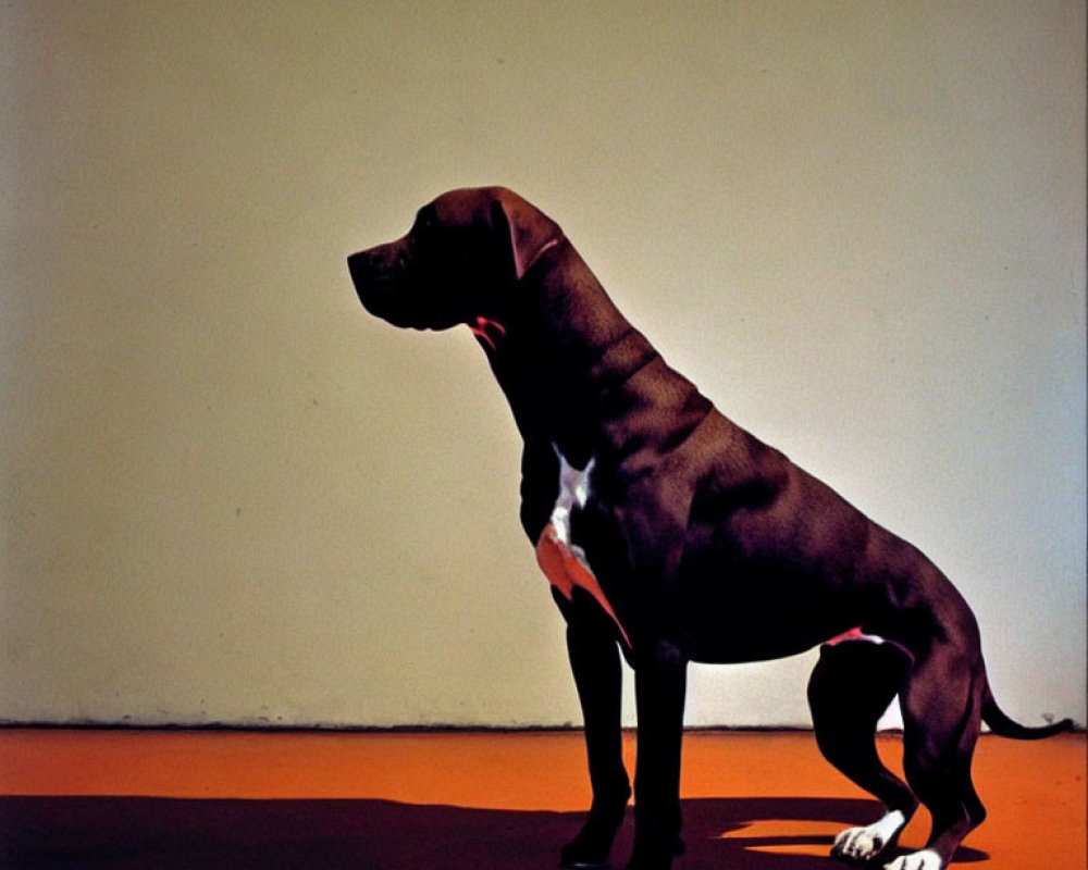 Brown Dog with White Paws Against Orange Background with Sharp Shadow