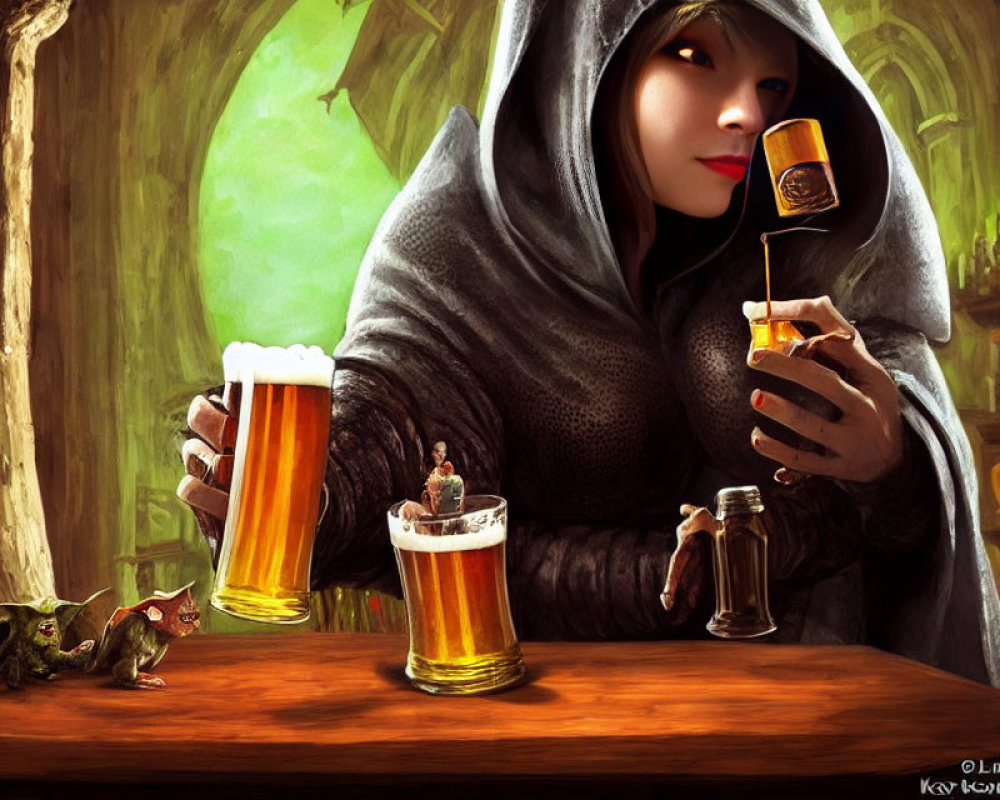 Cloaked figure with can, miniature people, and dragon at wooden bar