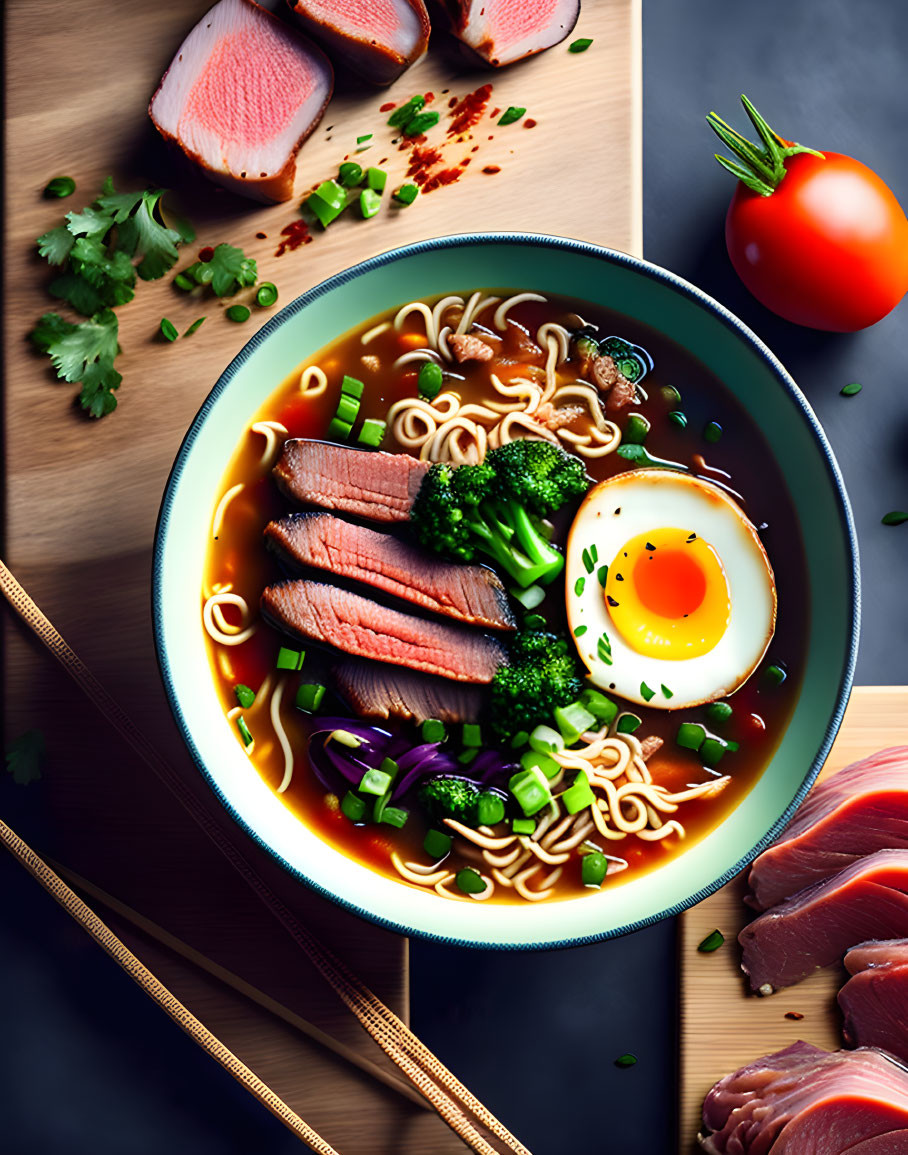 Steak Ramen Bowl with Broccoli, Egg, and Herbs
