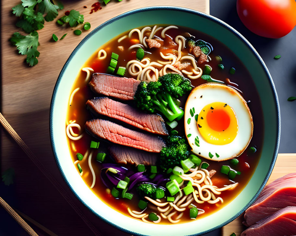 Steak Ramen Bowl with Broccoli, Egg, and Herbs